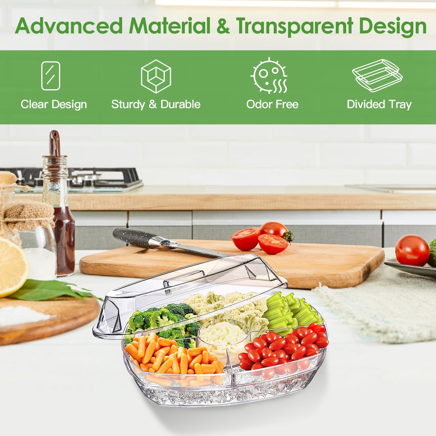 Chilled Serving Tray with Lid & Ice Base – 4 Compartments Set