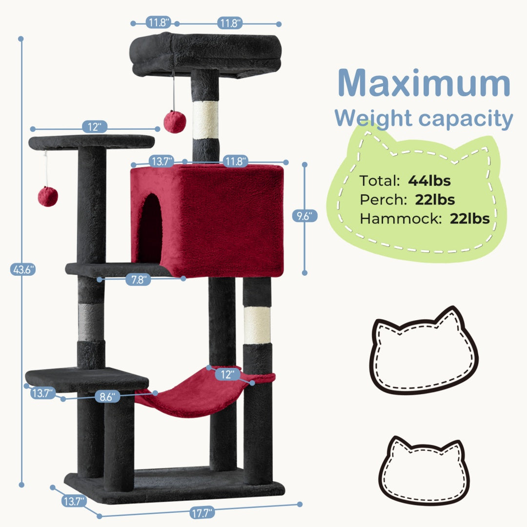 44-Inch Multi-Level Cat Tree Tower with Hammock & Sisal Scratching Posts