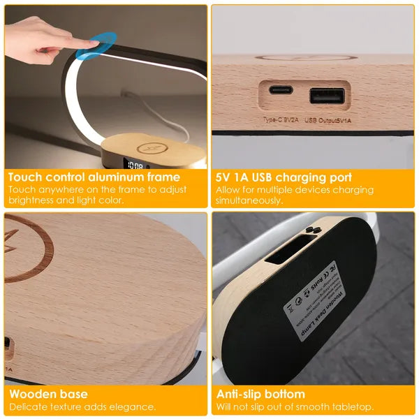Smart Touch LED Table Lamp with Clock & Wireless Charging