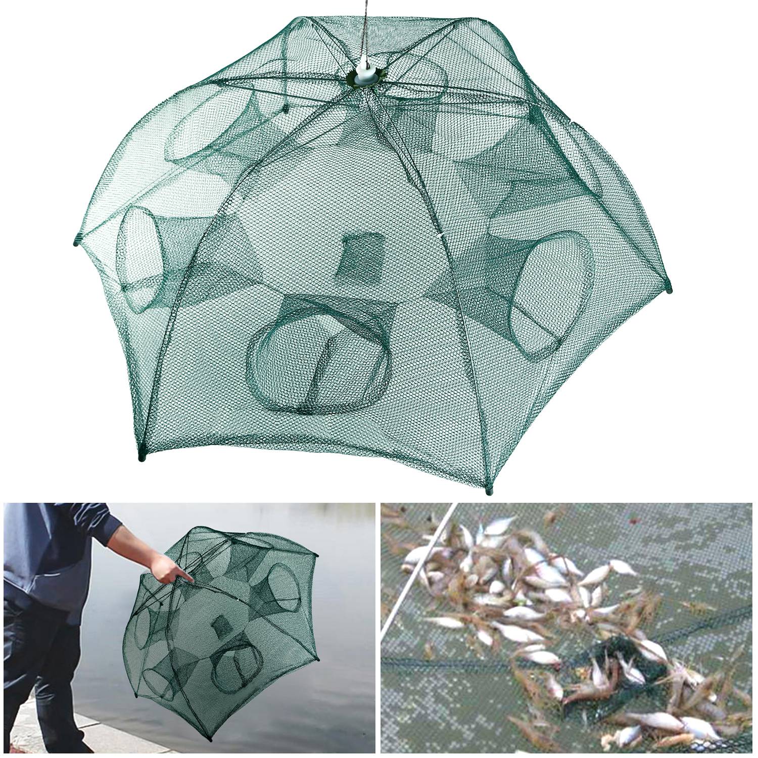 Portable 6-Sided Fishing Trap Net with 6 Holes Automatic