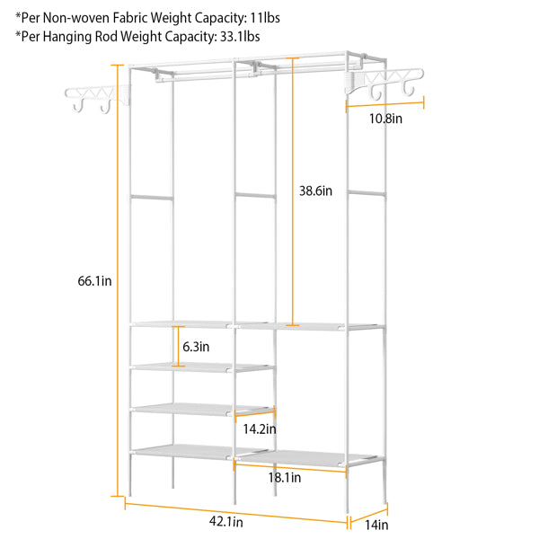 Heavy Duty Garment Rack with Shelves & Hooks Closet Organizer