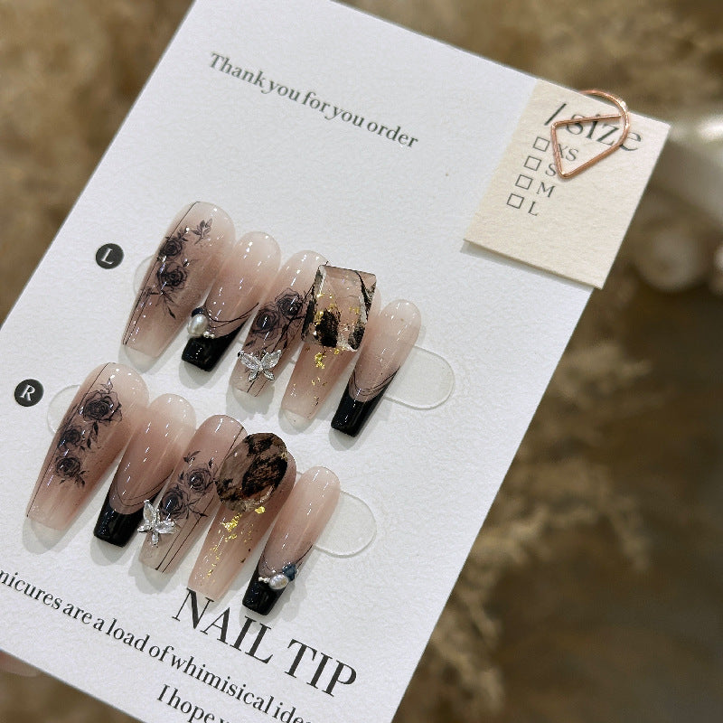 Handmade Long Camellia Girl Press On Nail Tips