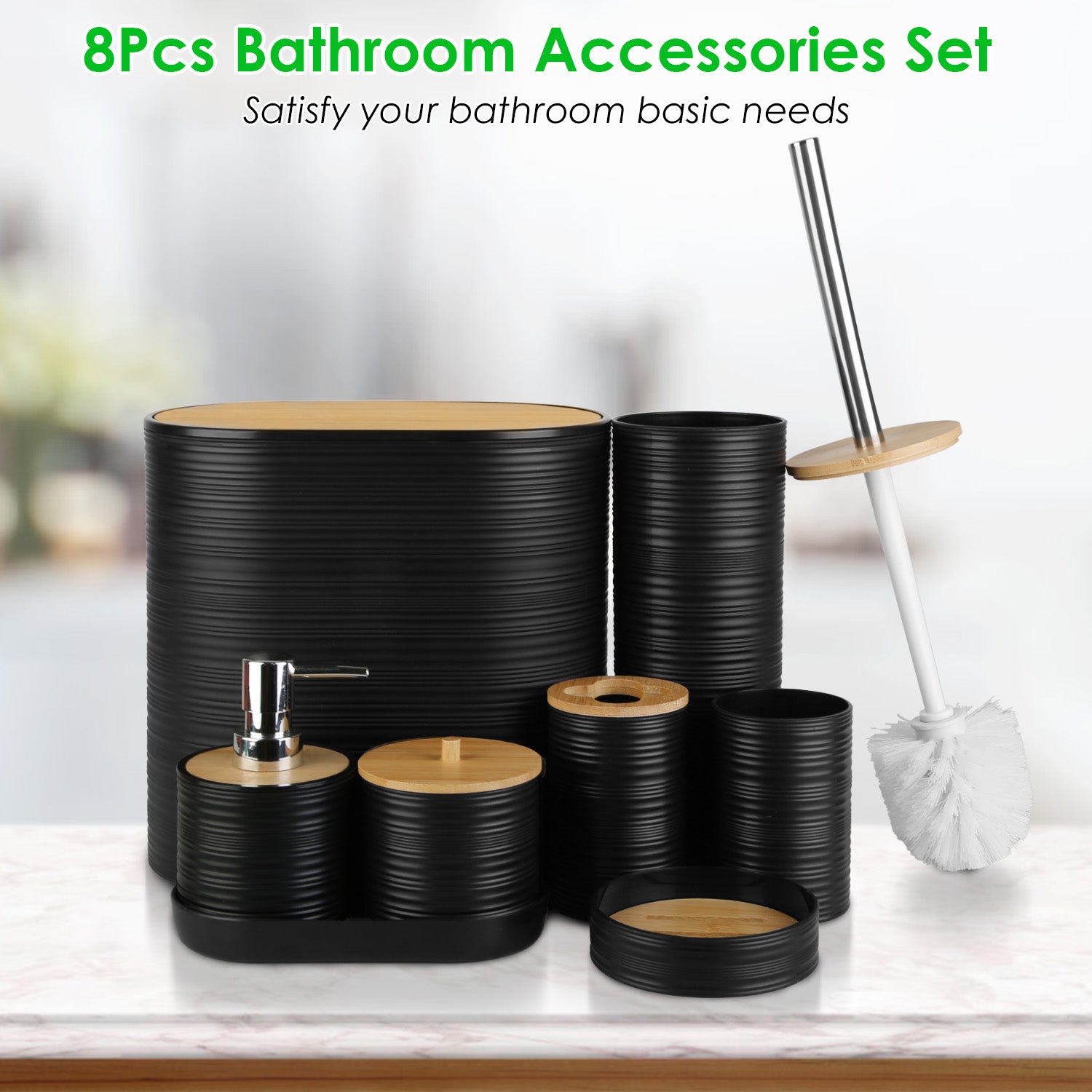 8 Piece Bathroom Accessories Set with Bamboo Lid & Organizer