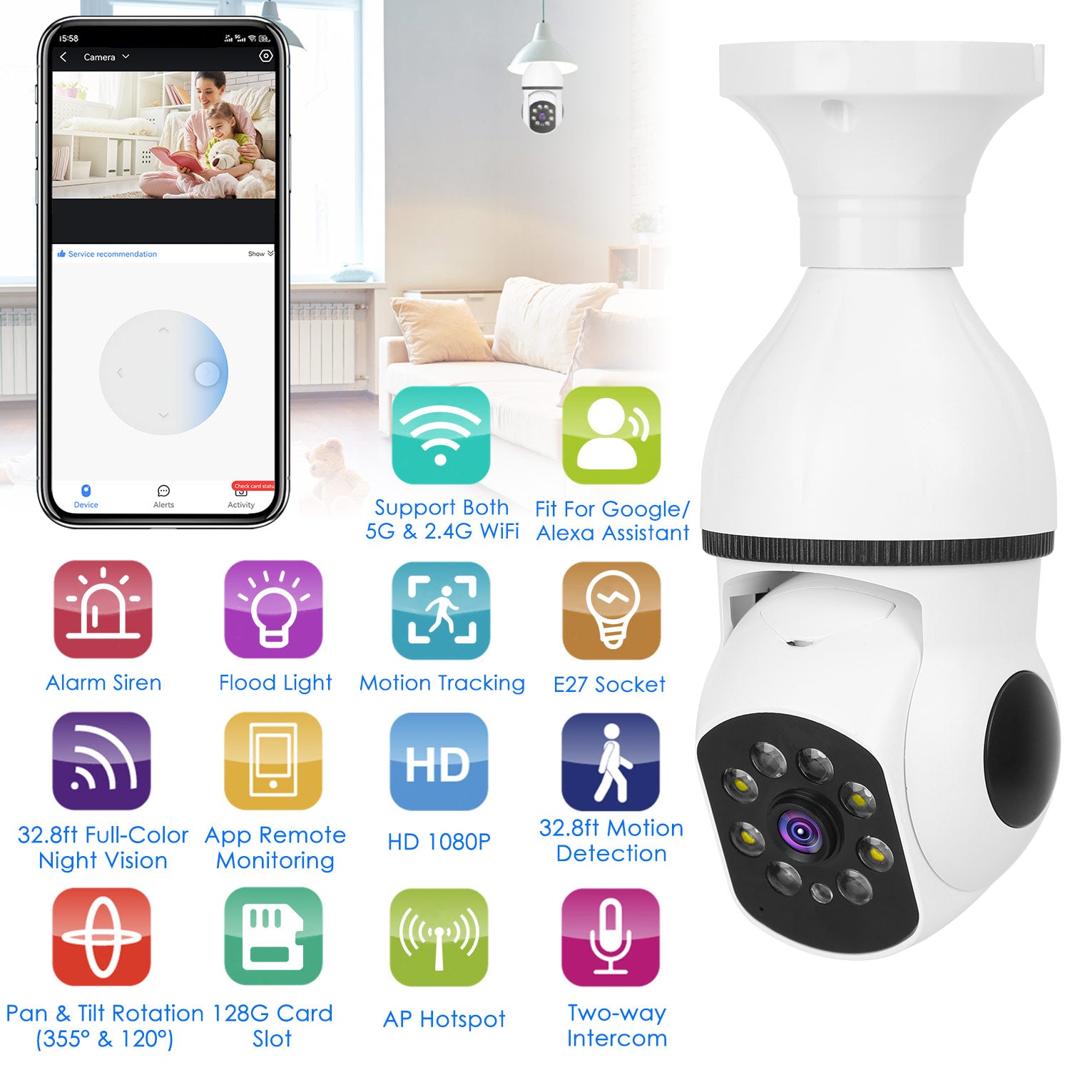 E27 WiFi Bulb Camera 1080P Security Cam with Night Vision & Motion Tracking