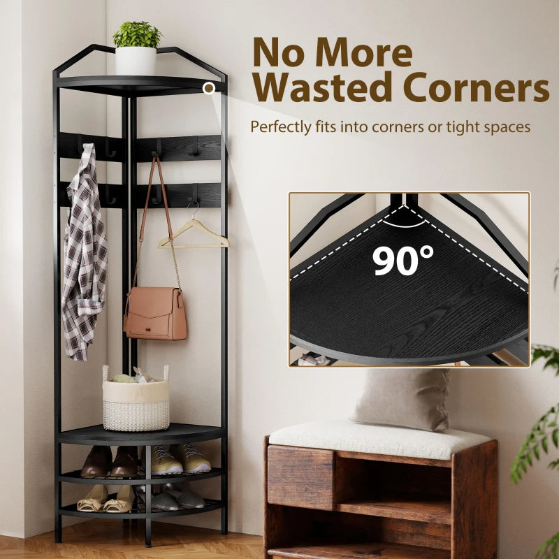 Industrial Corner Hall Tree Coat Rack with Shelves & Hooks