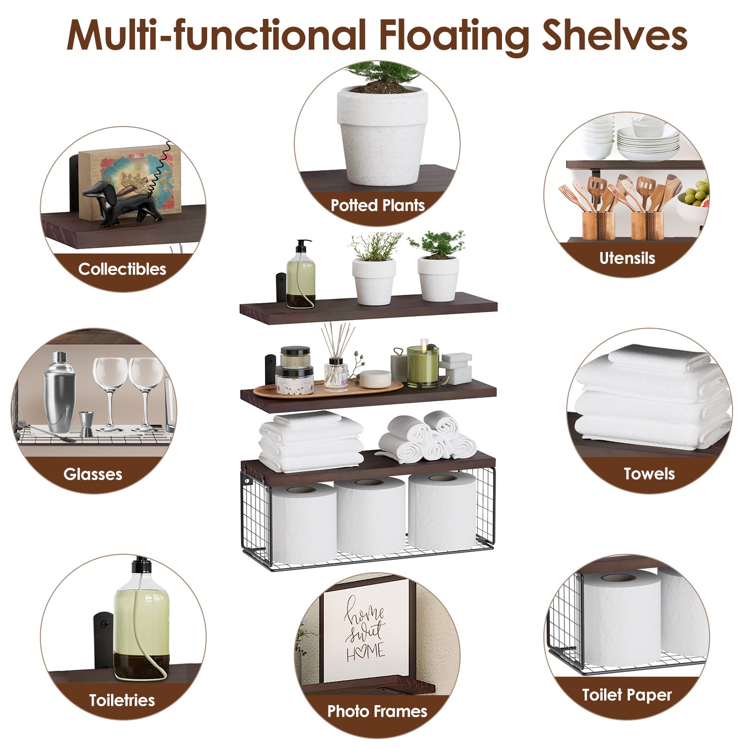 2-in-1 Rustic Floating Shelves with Storage Basket Wall Mounted