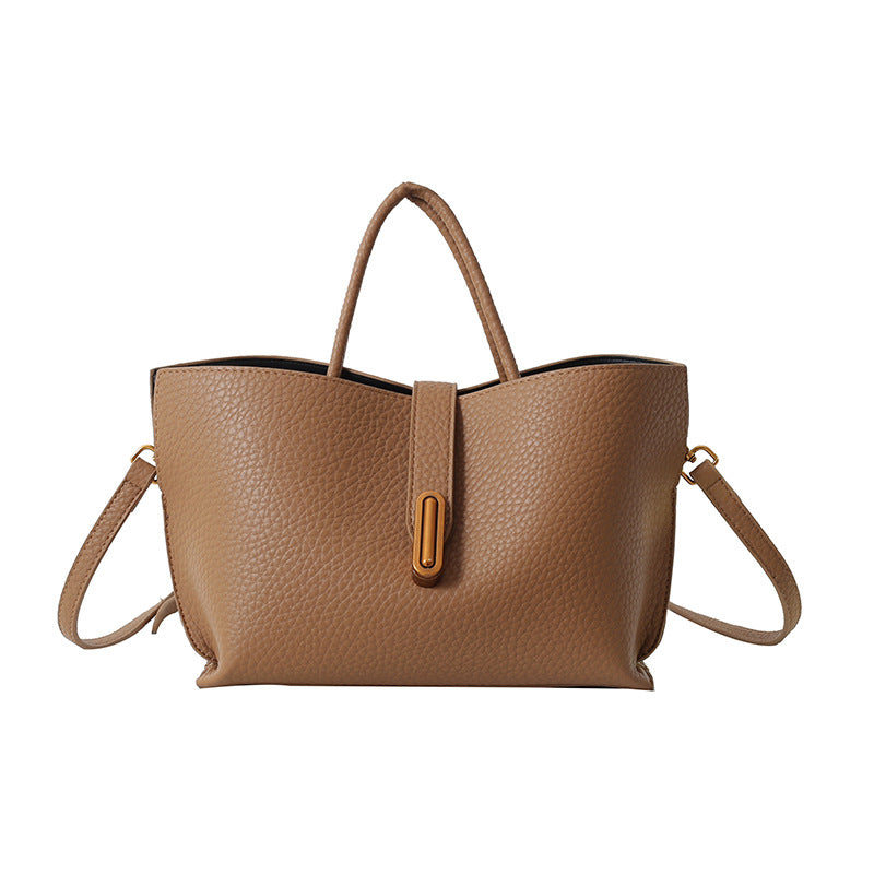 Large Capacity Litchi Pattern Shoulder Bag INS Zipper Bucket Tote Women