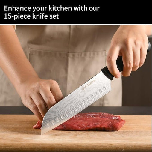 Damascus Pattern 15-Piece Kitchen Knife Set with Block