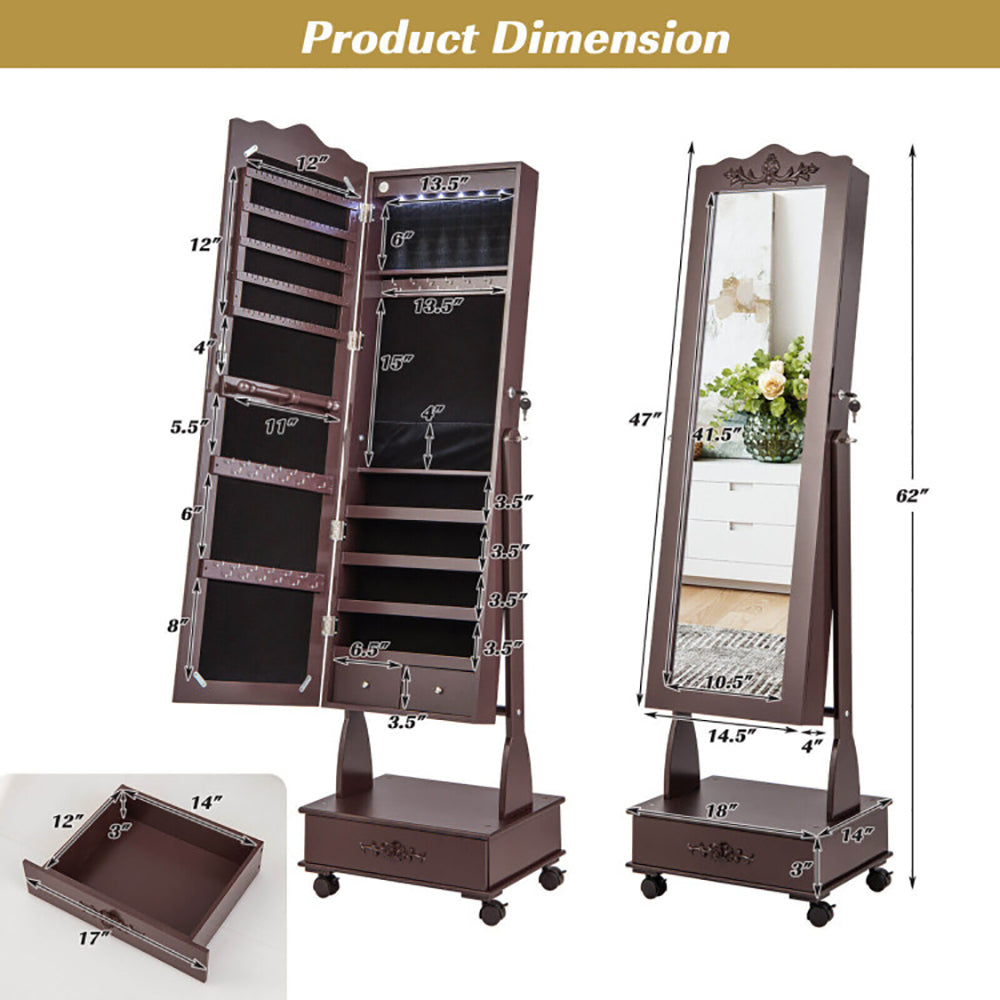Luxury Rolling Mirrored Jewelry Armoire with Lock & LED Lights