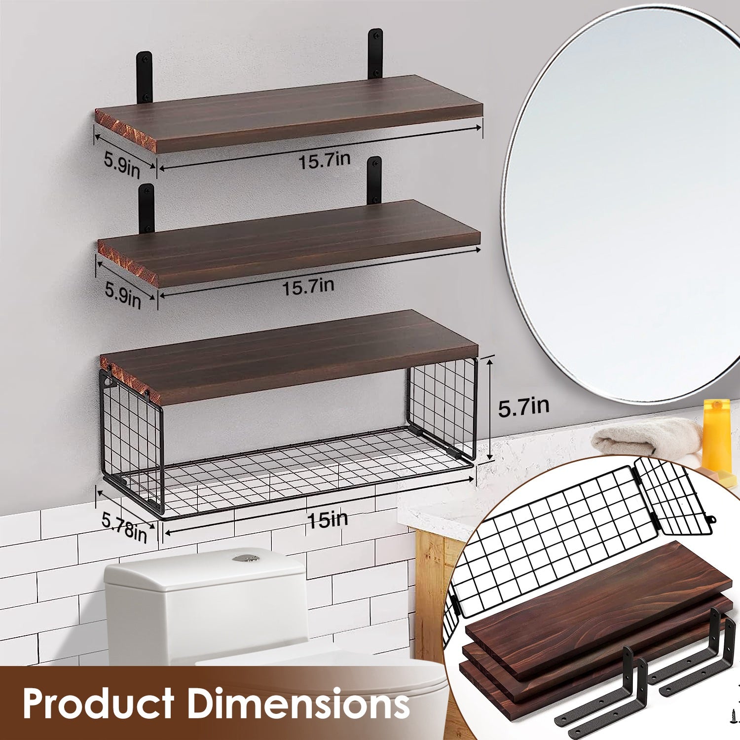 2-in-1 Rustic Floating Shelves with Storage Basket Wall Mounted