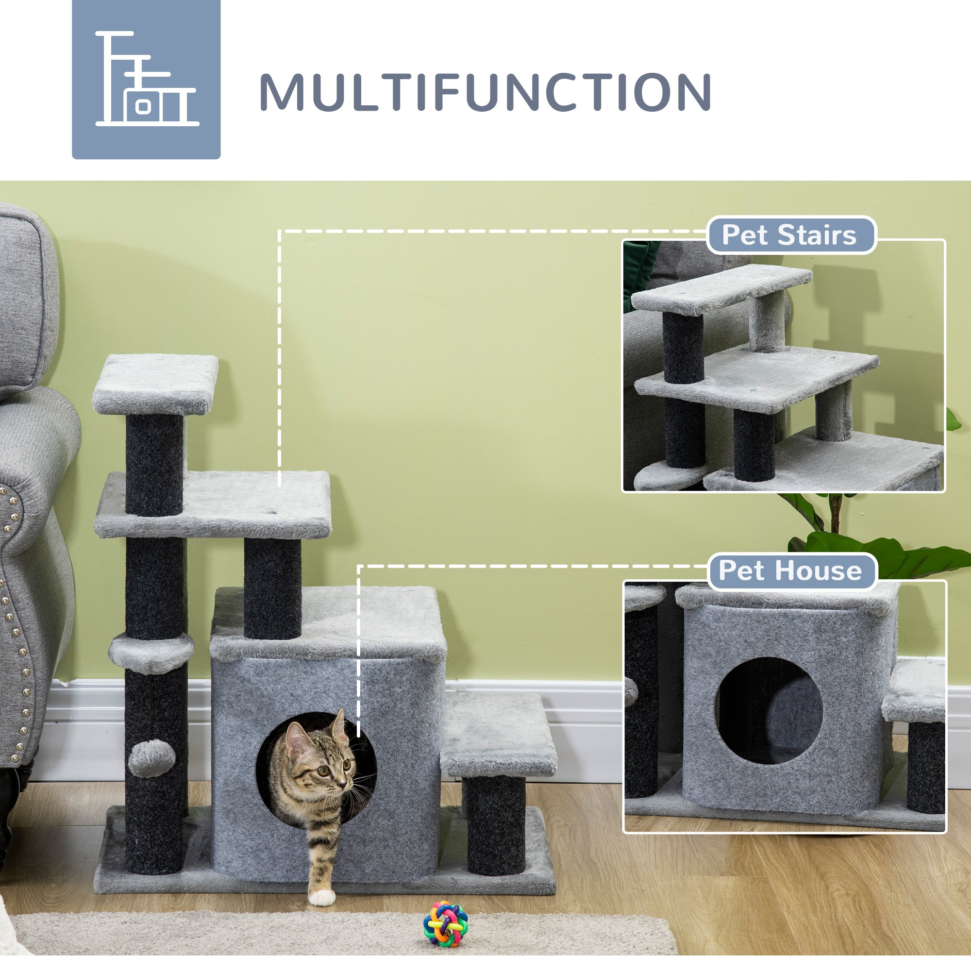 Adjustable Cat Stairs with Scratching Post & Condo – 3-Step/4-Step Pet Steps for Bed & Sofa