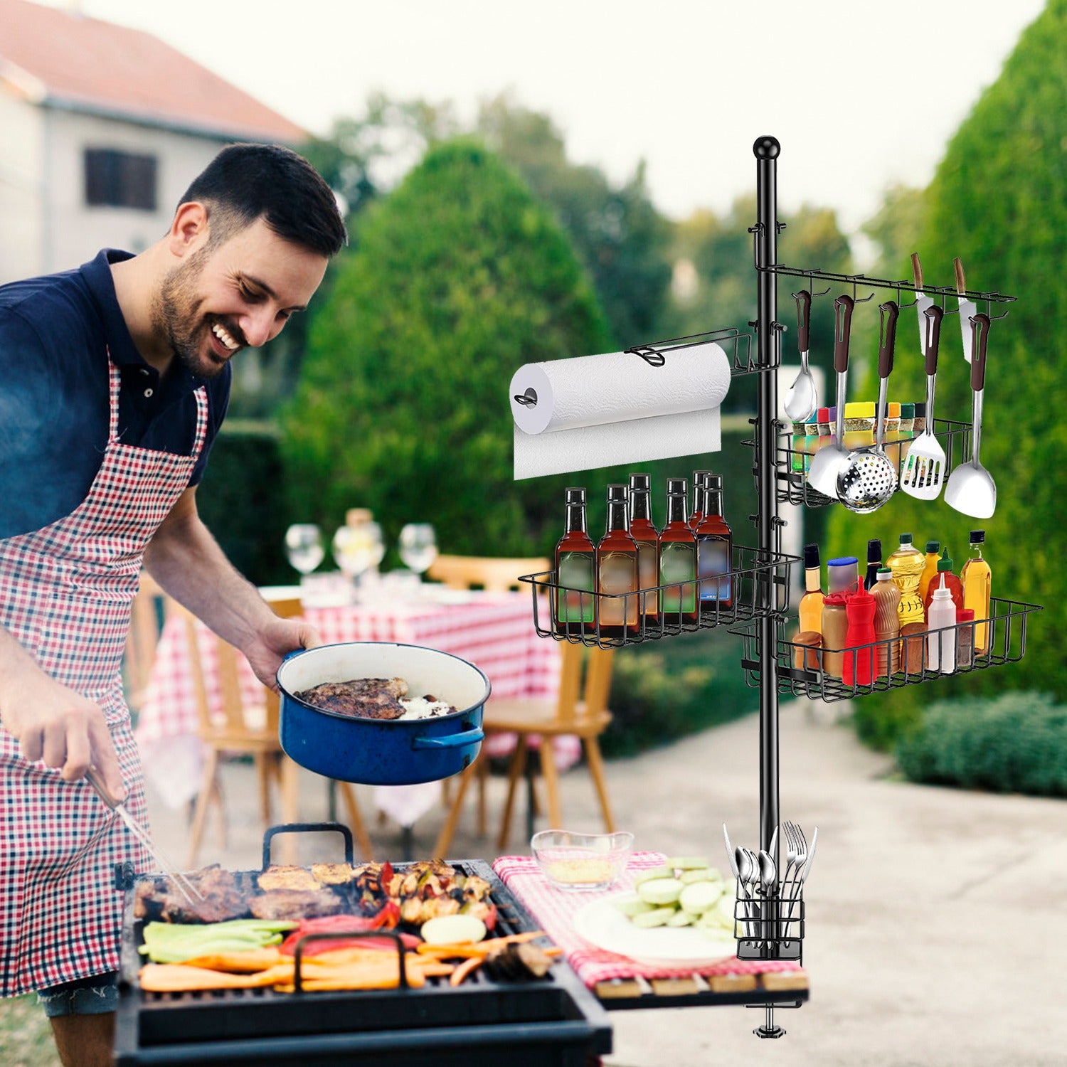 BBQ Griddle Caddy Organizer with Paper Towel Holder and Hooks