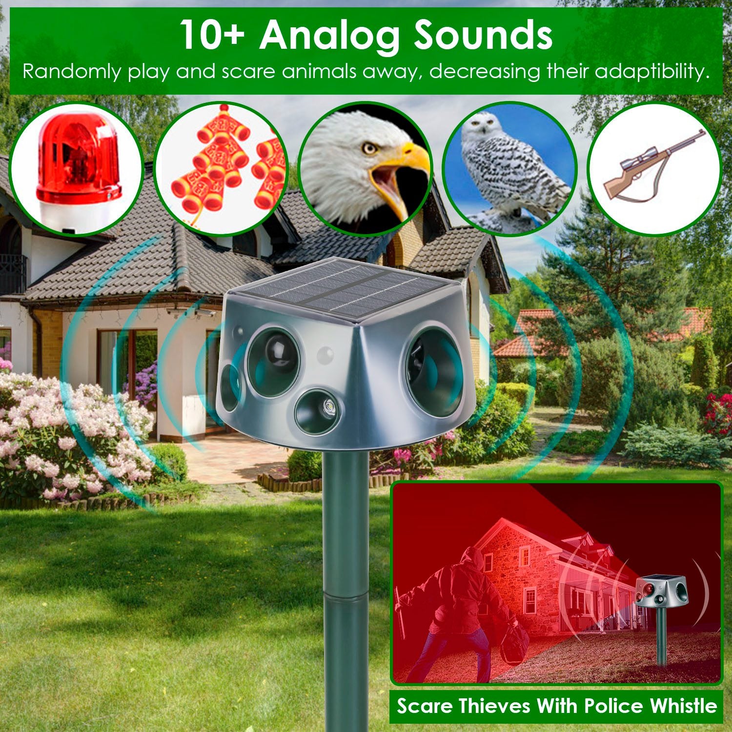 Solar-Powered & Type-C Rechargeable Animal Repellent with Ultrasonic Modes