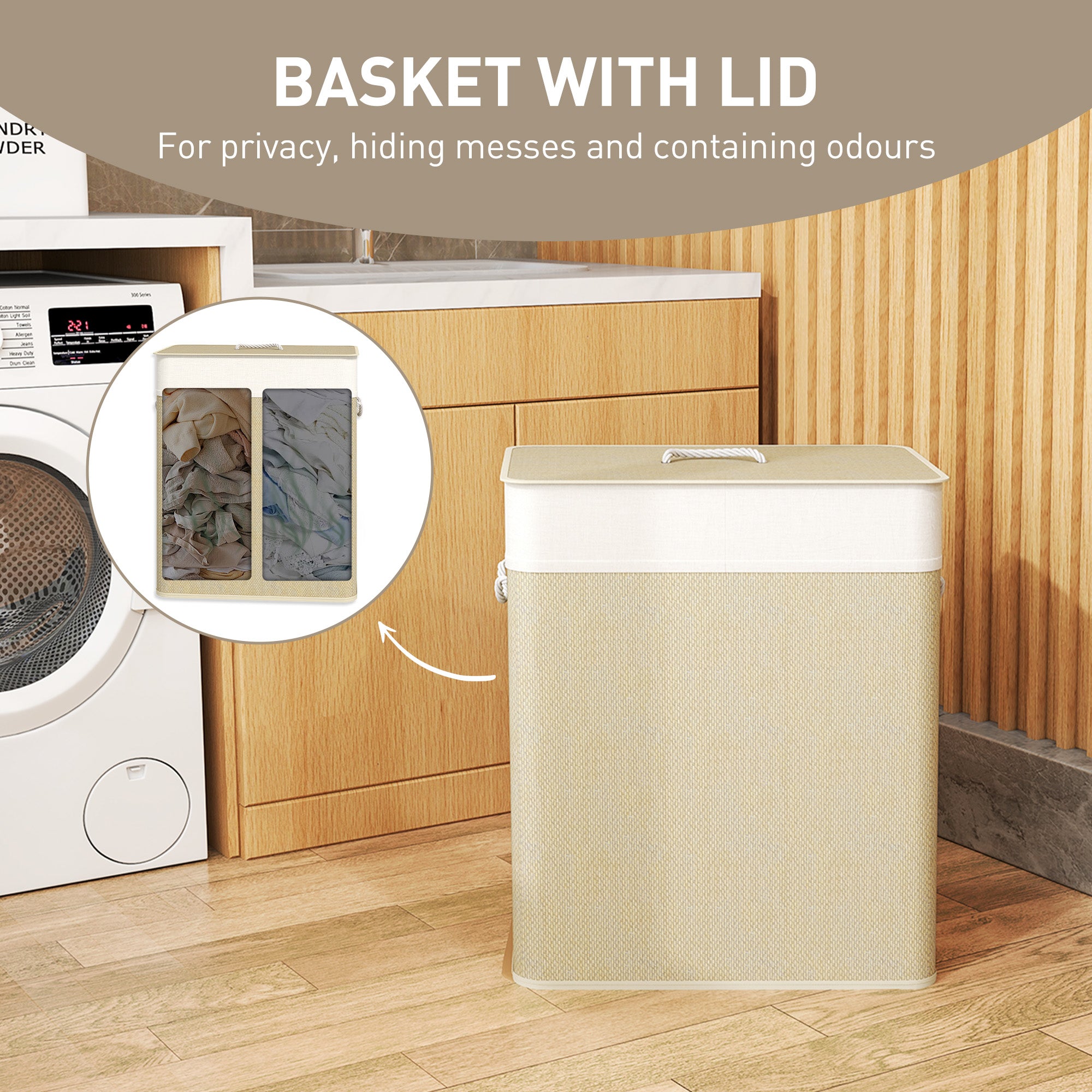 Double Laundry Basket With Lid Bamboo Hamper Organizer XL