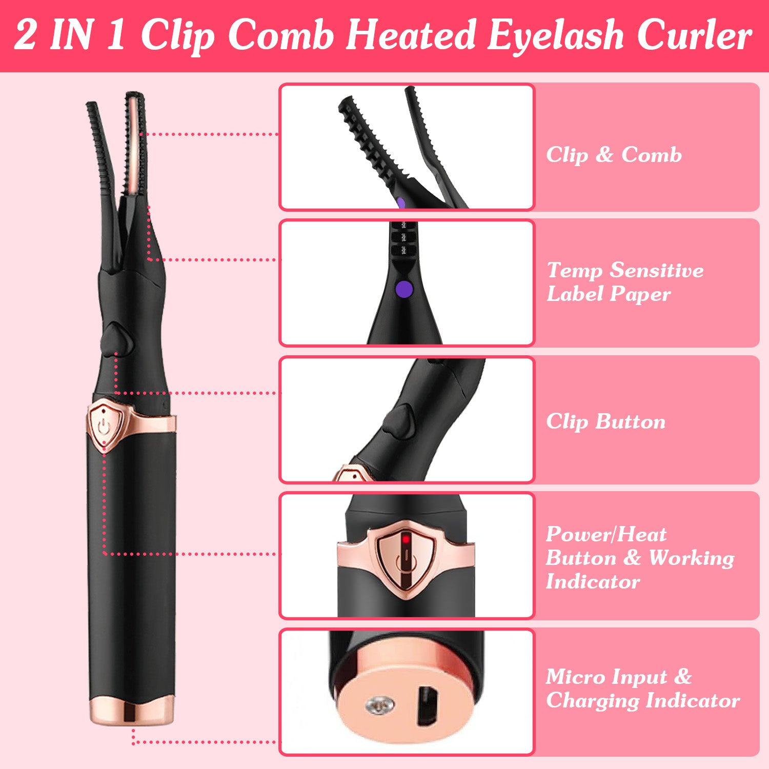 Heated Eyelash Curler with Comb 3 Temp Settings USB Rechargeable