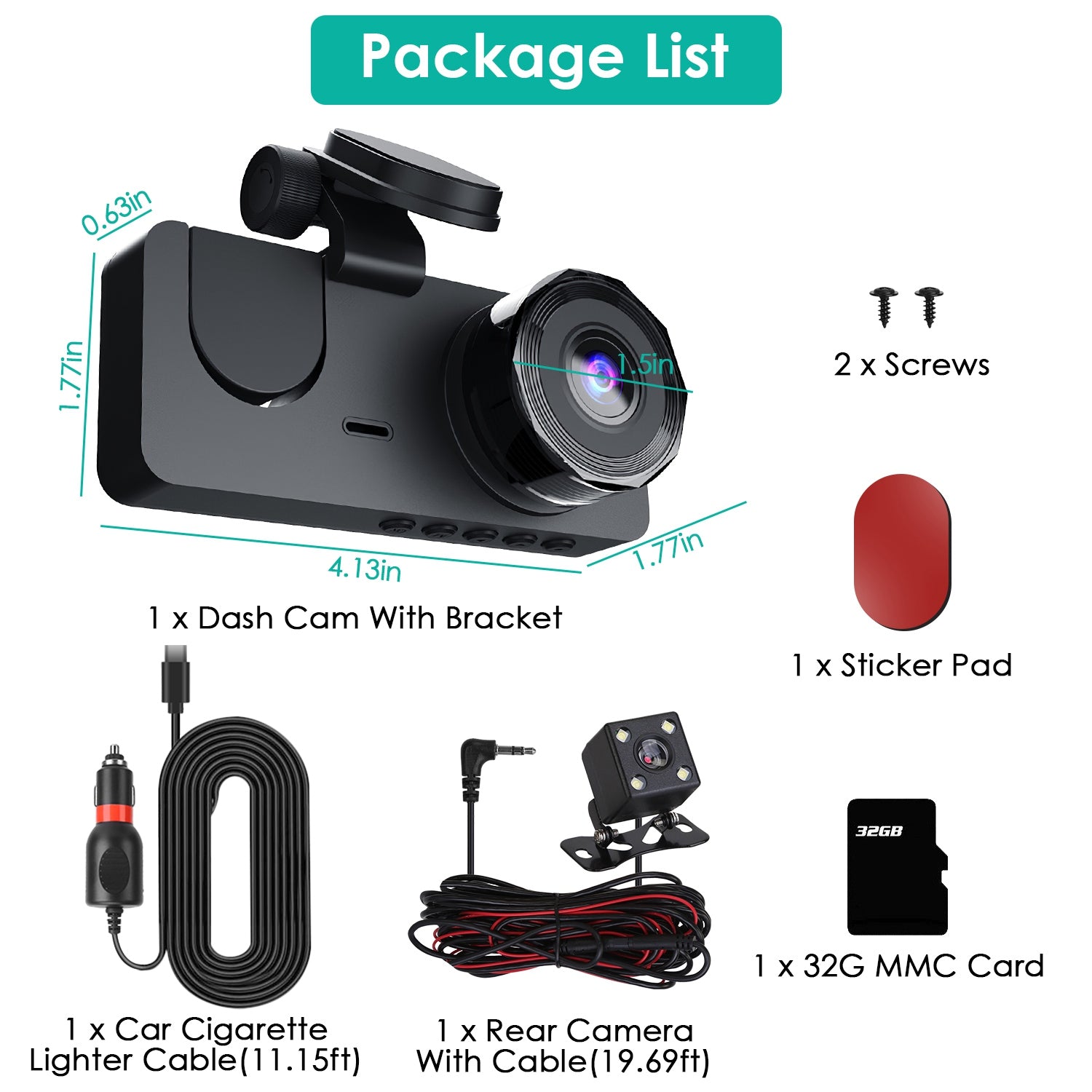 3 Channel Car Camera 1080P Dash Cam with 32GB Card