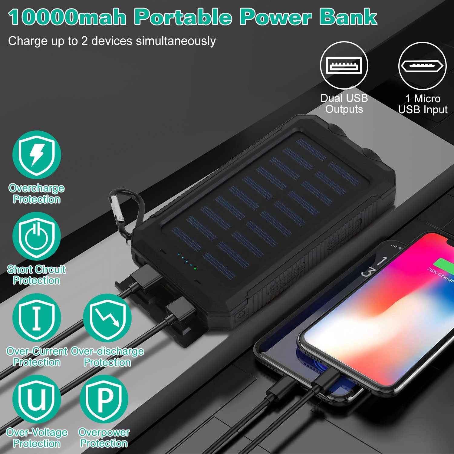 Solar Power Bank Dual USB Outdoor Charger with LED and Compass