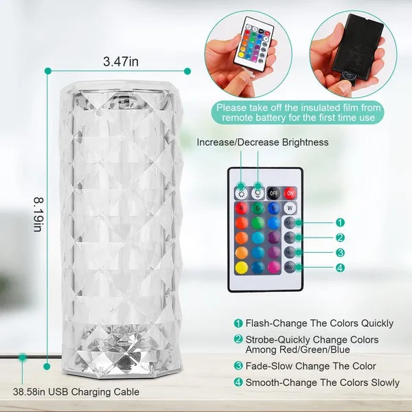 Crystal Diamond Rose Table Lamp Dimmable Touch Remote LED Light