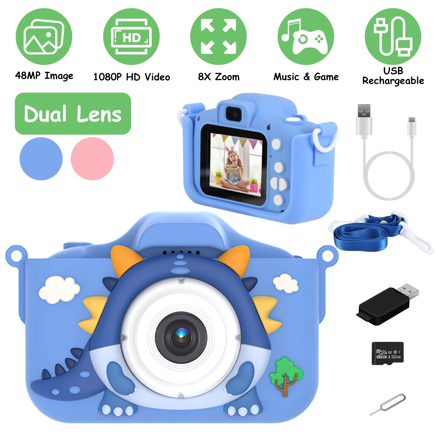 Dinosaur Kids Selfie Camera 48MP HD Digital Camera