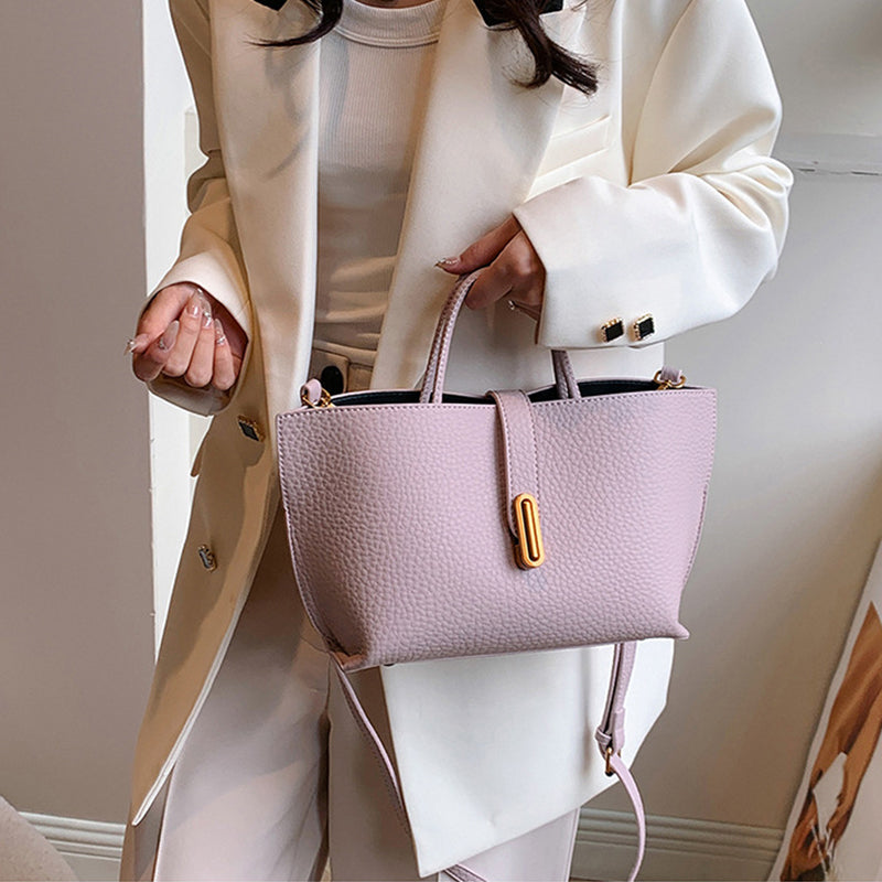 Large Capacity Litchi Pattern Shoulder Bag INS Zipper Bucket Tote Women