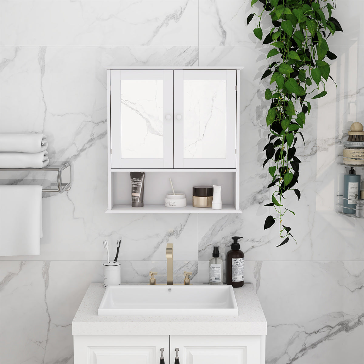Bathroom Wall Cabinet with Double Mirror Doors & Shelf