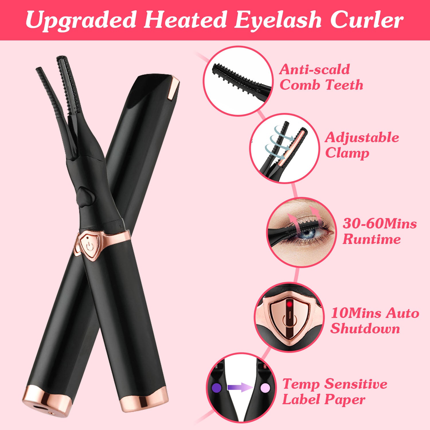 Heated Eyelash Curler with Comb 3 Temp Settings USB Rechargeable
