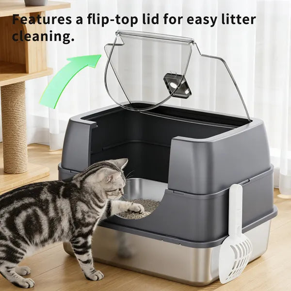 Fully Enclosed Stainless Steel Cat Litter Box – Odor Control Easy Clean Cat Toilet