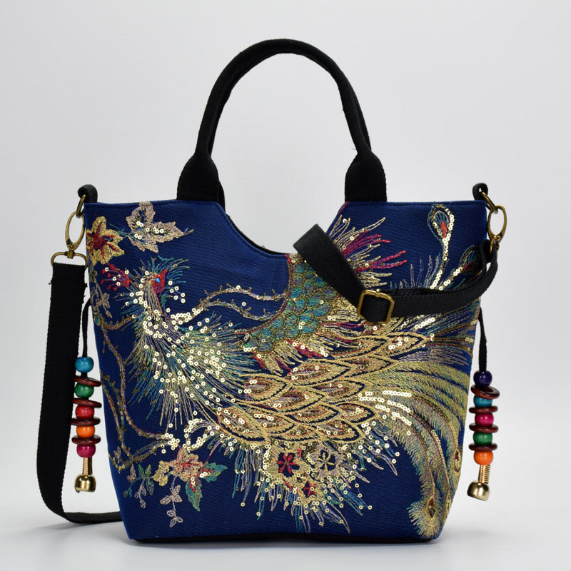 Canvas Peacock Embroidery Small Handbag Elegant Ethnic Style Shoulder Bag