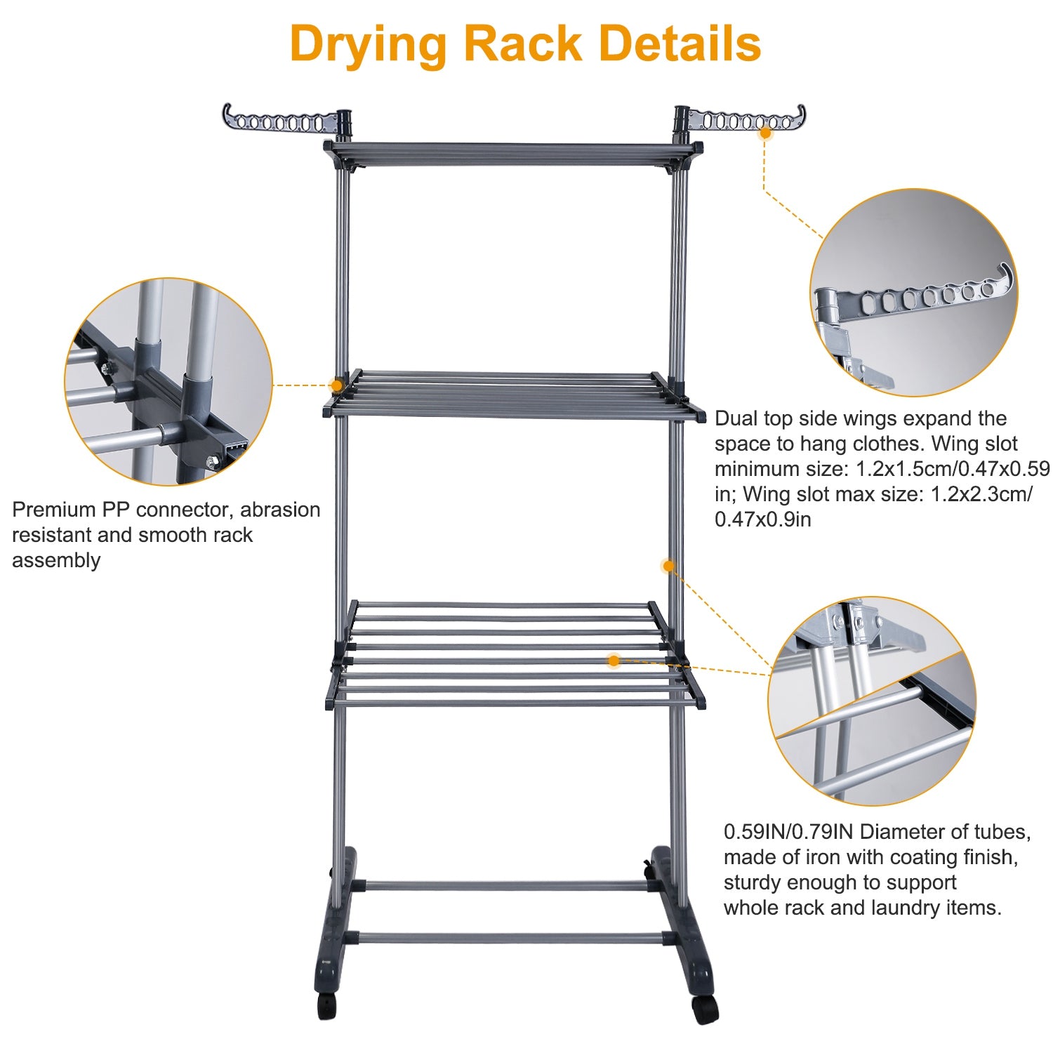 Heavy Duty 3-Tier Clothes Drying Rack with Wheels & Side Wings