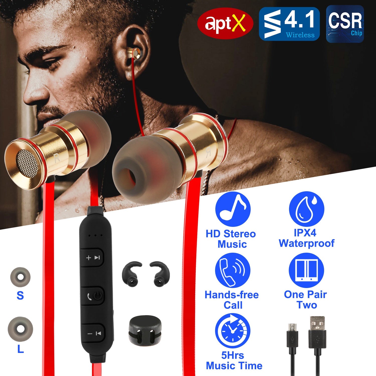 Wireless Sport Bluetooth 4.1 In-Ear Earphones Sweatproof Mic