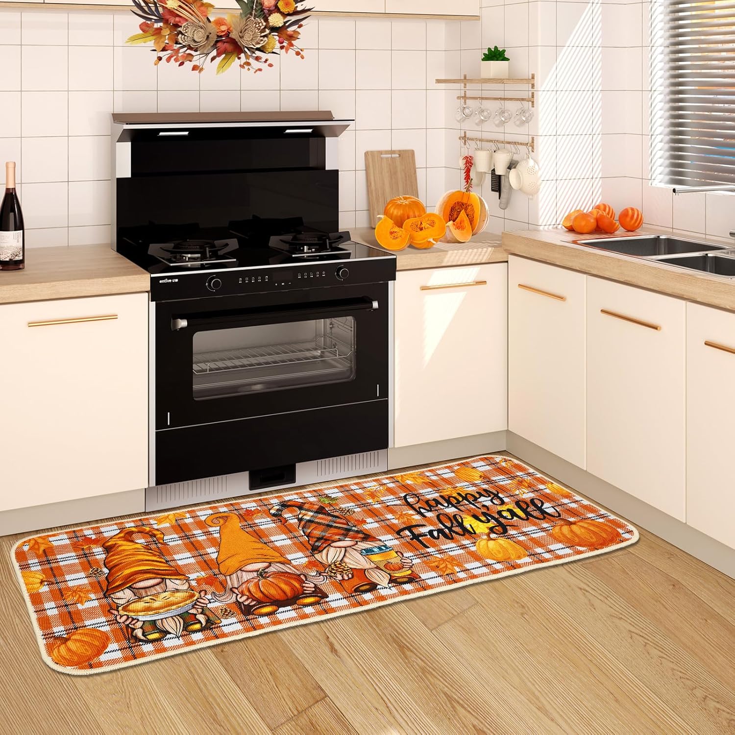 Fall Kitchen Rug Set with Pumpkin and Gnome Design