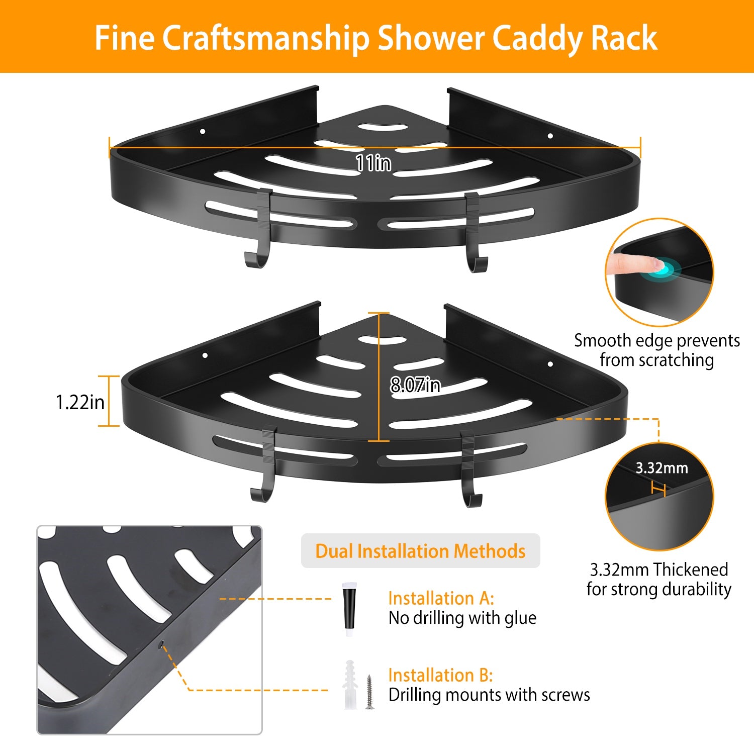 2Pcs Corner Shower Caddy Shelf Adhesive Wall Mounted Storage Rack