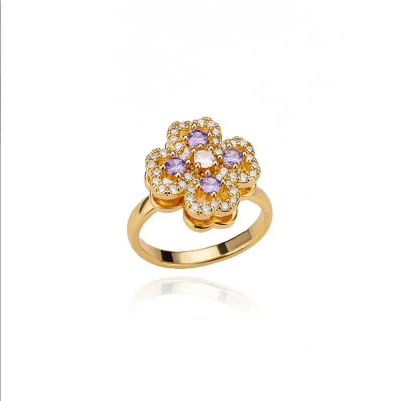 Luxury Golden Clover Rotating Ring – Zircon Adjustable Band