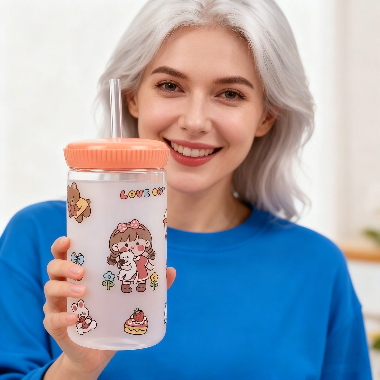 500ml Cartoon Straw Water Bottle Pink Kids Drink Bottle