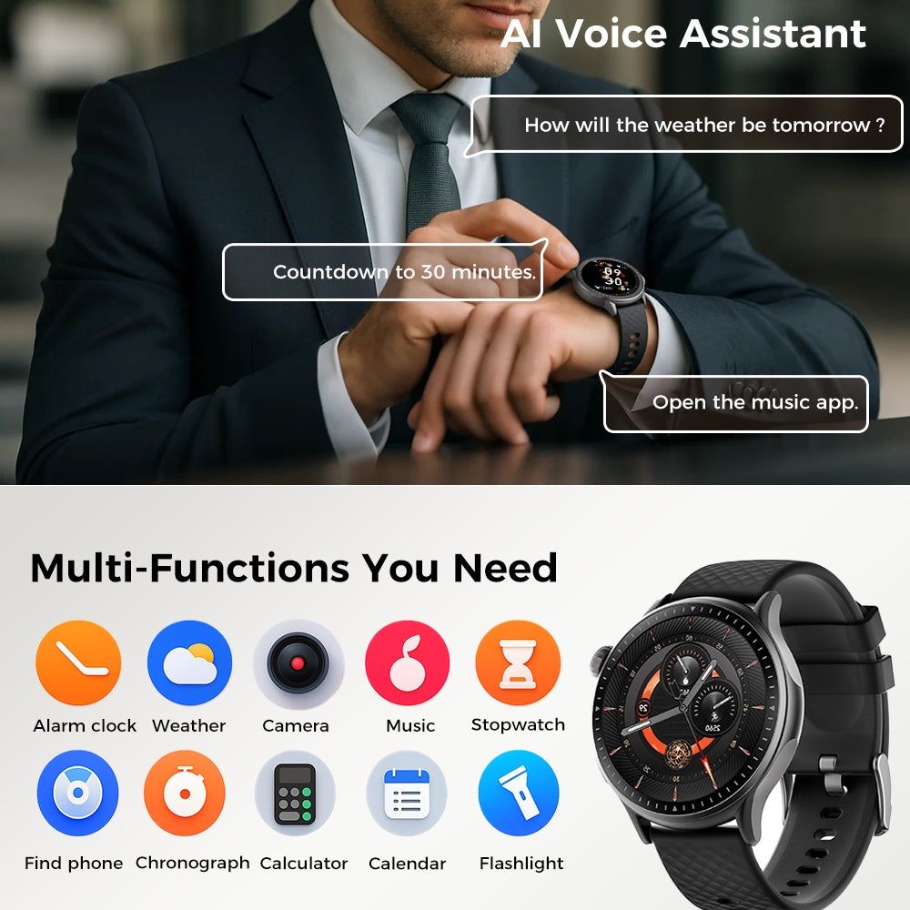Round Smartwatch with Health Tracking, 3ATM Waterproof & Sports Modes