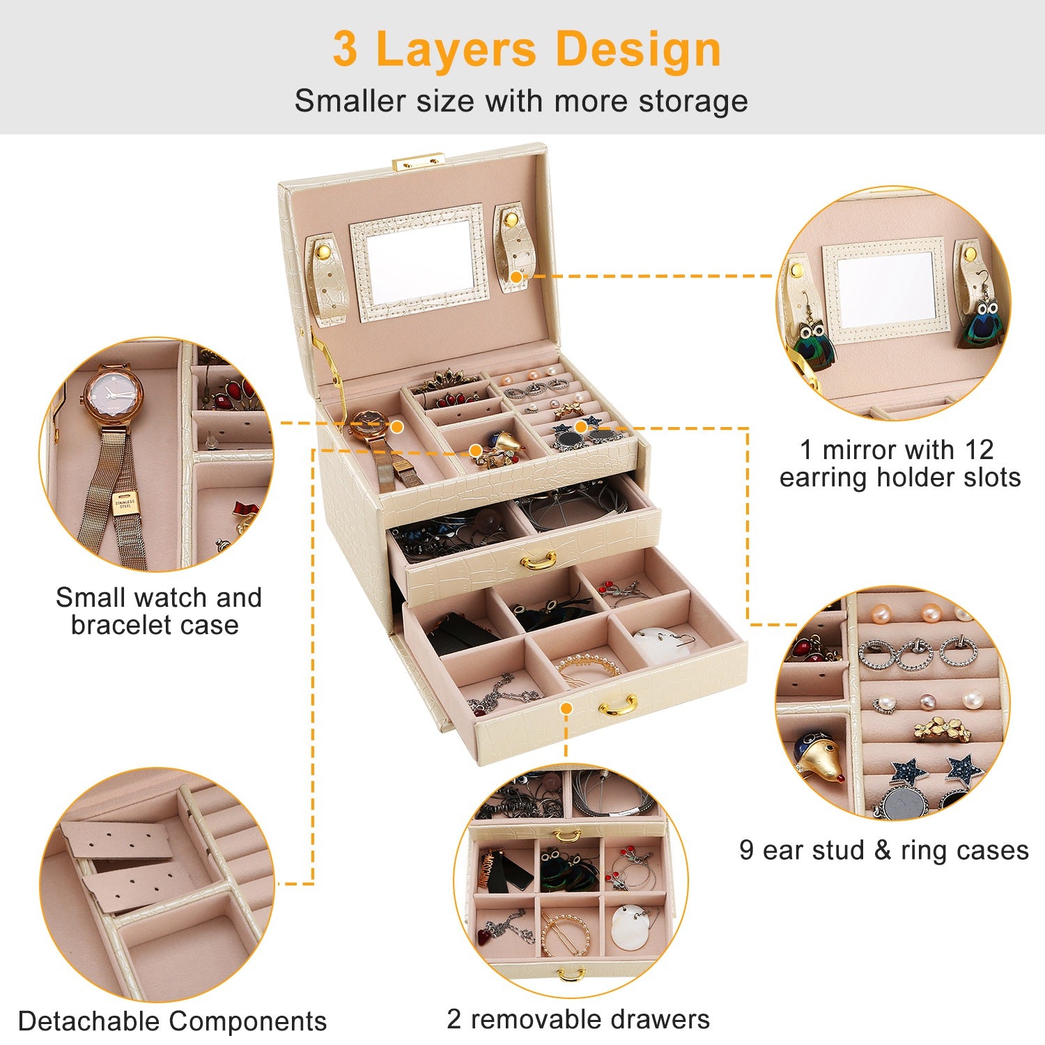 3 Layer Lockable Jewelry Case Organizer Travel Storage Box