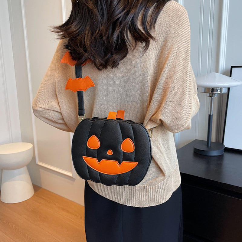 Halloween Pumpkin Cartoon Crossbody Bag with Bat Fun Shoulder Bag for Women
