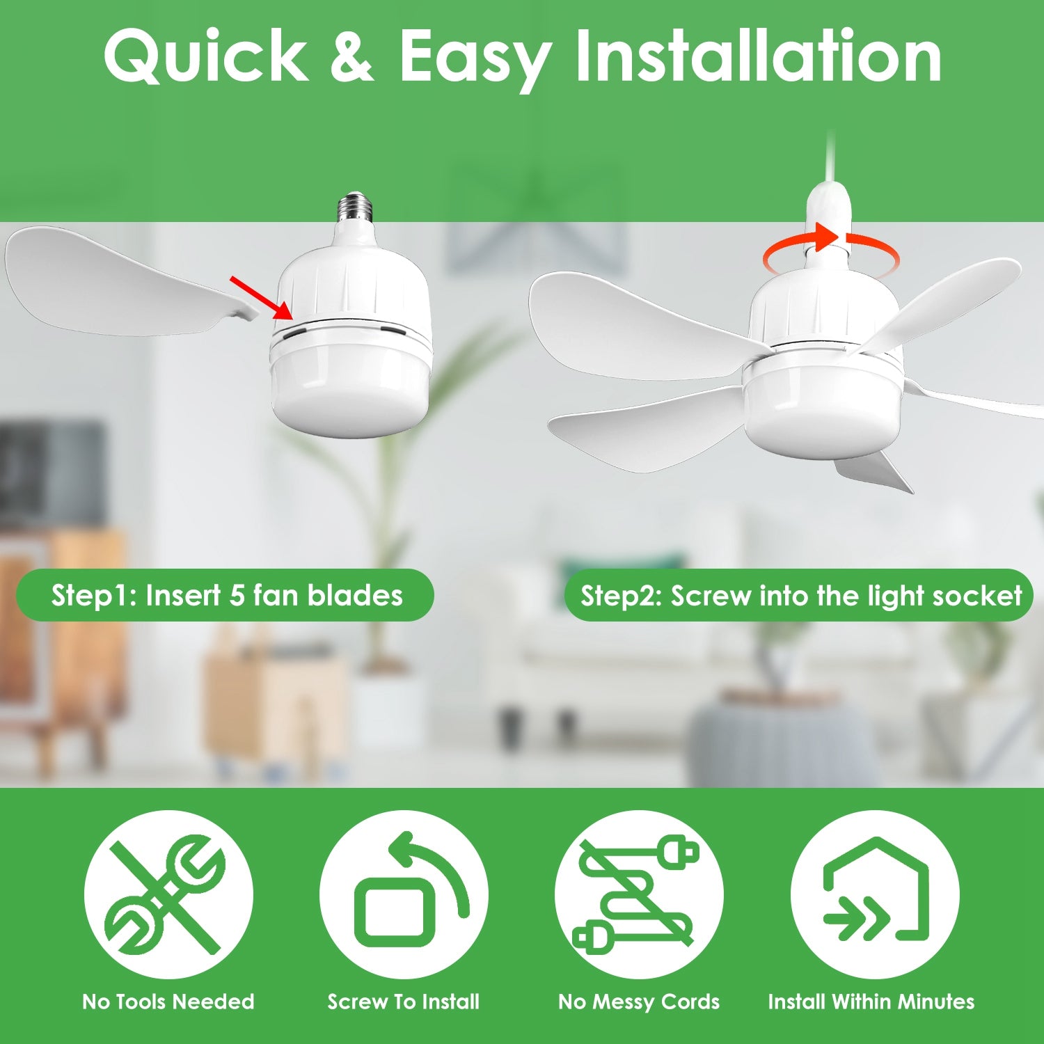 Socket Fan Light E27 Ceiling Fan LED Dimmable Remote Timer