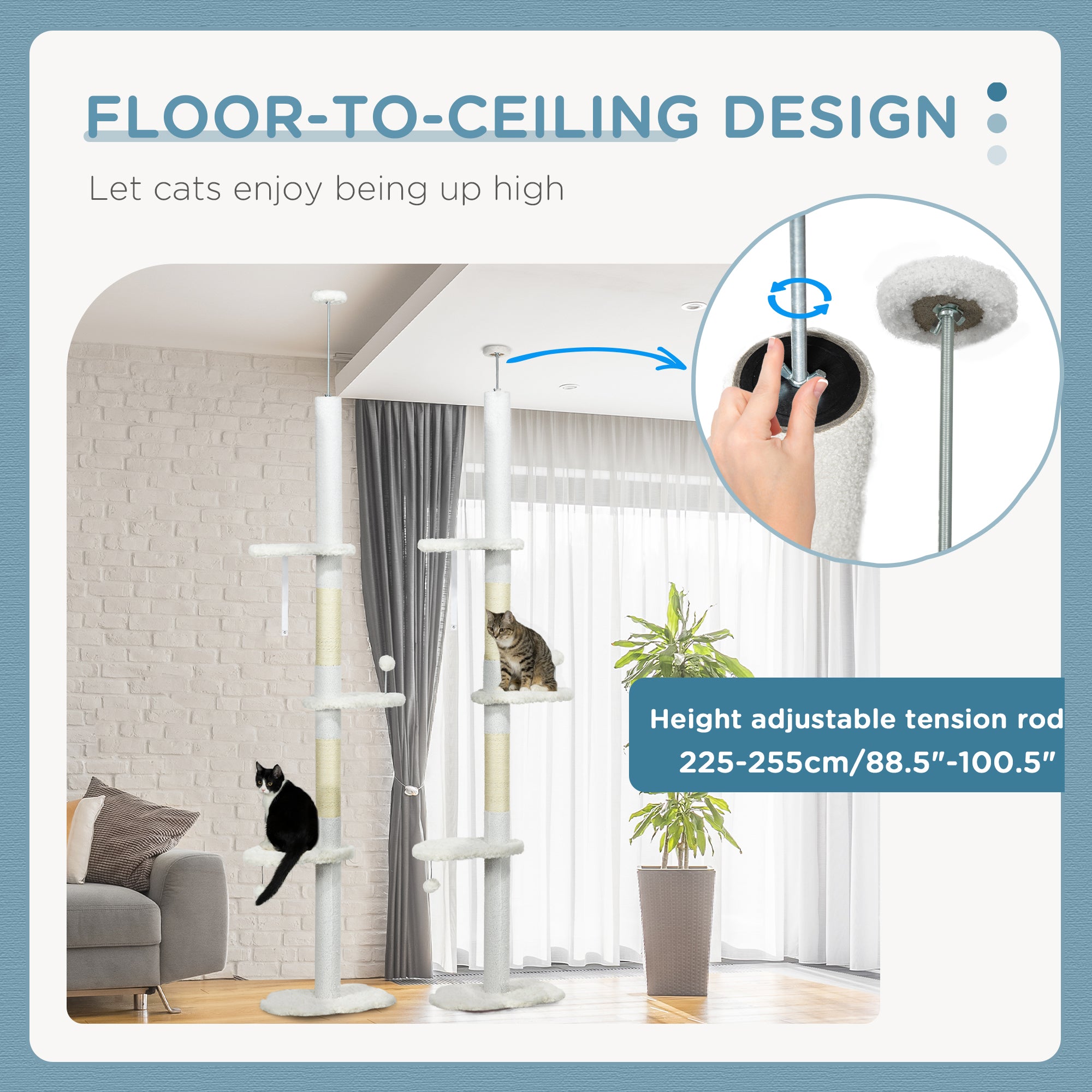 8.4-Foot Floor to Ceiling Cat Tree – Adjustable Multi-Level Cat Tower with Scratching Posts