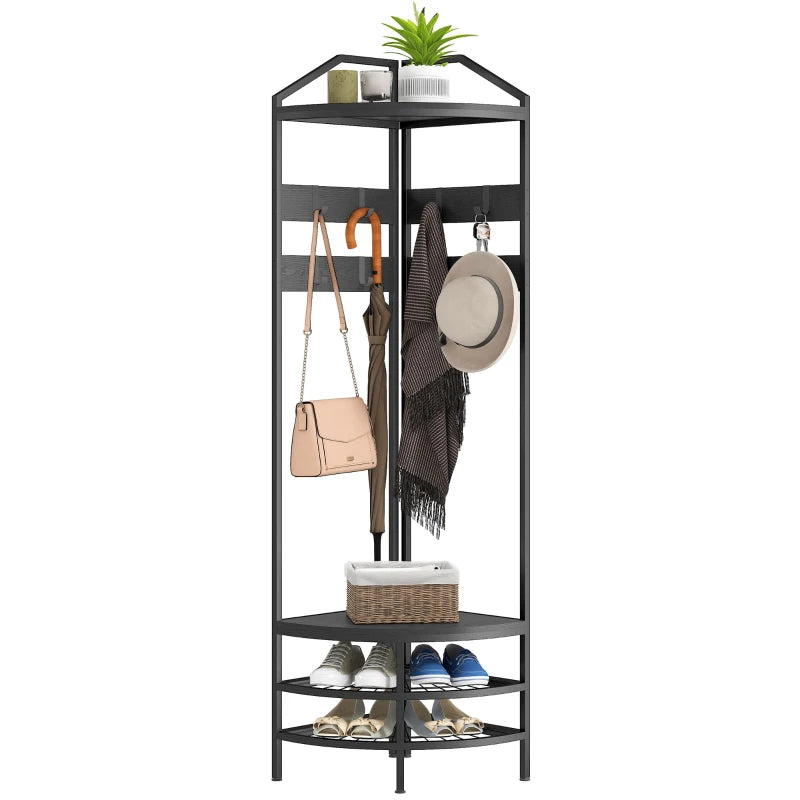Industrial Corner Hall Tree Coat Rack with Shelves & Hooks