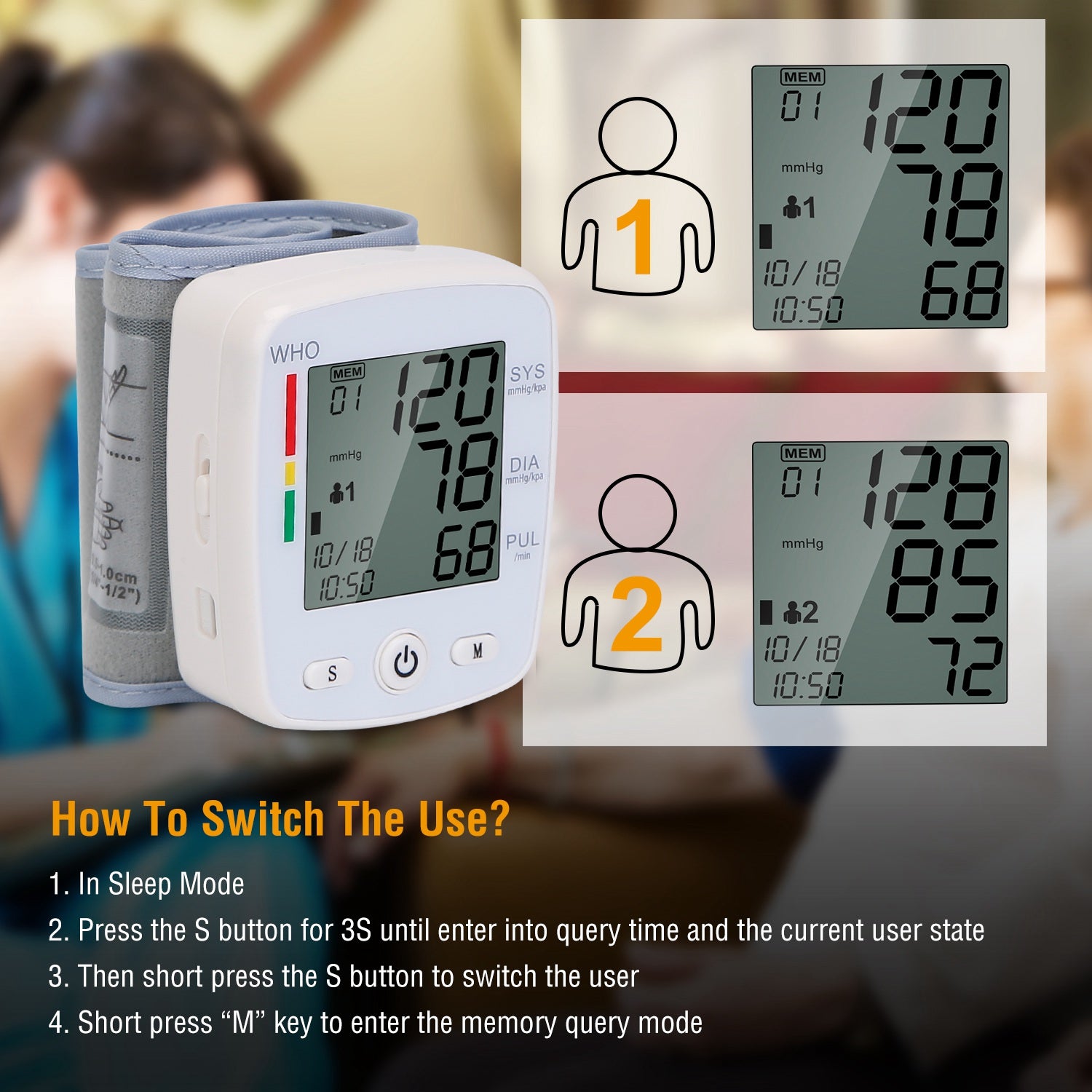 Digital Wrist Blood Pressure Monitor with Memory & Large LCD Display