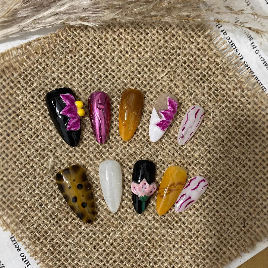 3D Carved White Mid-Length Press On Nails
