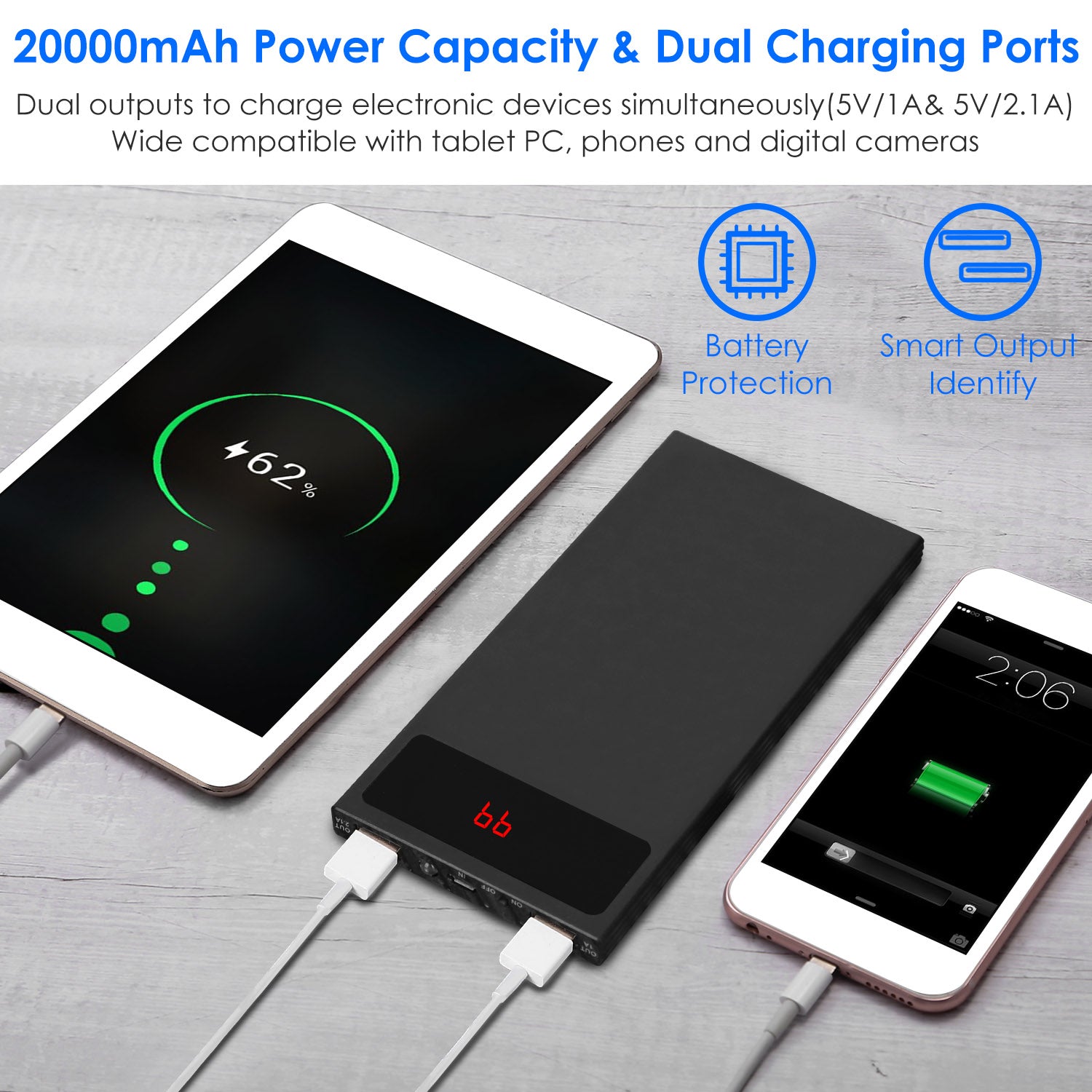 20000mAh Power Bank Ultra Thin Dual USB Fast Charger Display