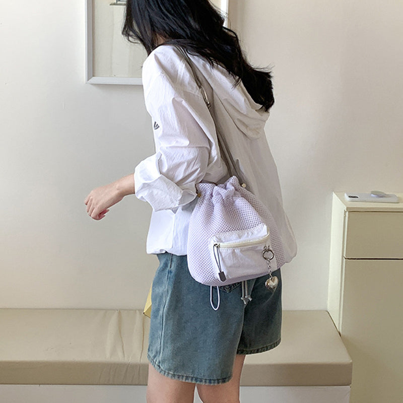 Small Mesh Drawstring Bucket Bag Cute Fashion Messenger Shoulder Bag for Women