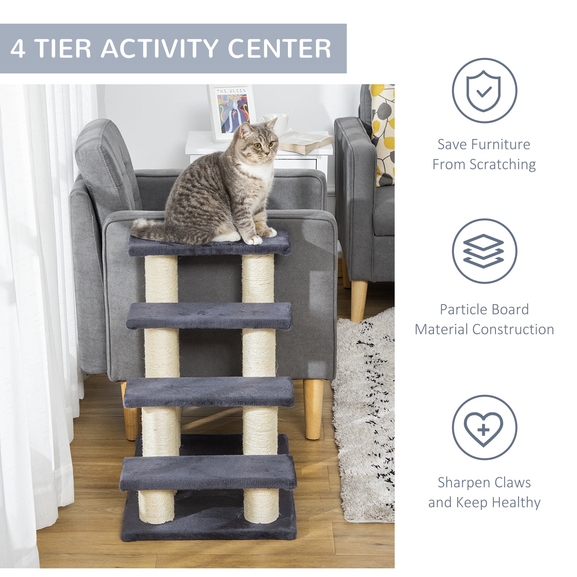 4-Step Cat Tree for High Beds with Sisal Scratching Post – Indoor Cat Climbing Stairs