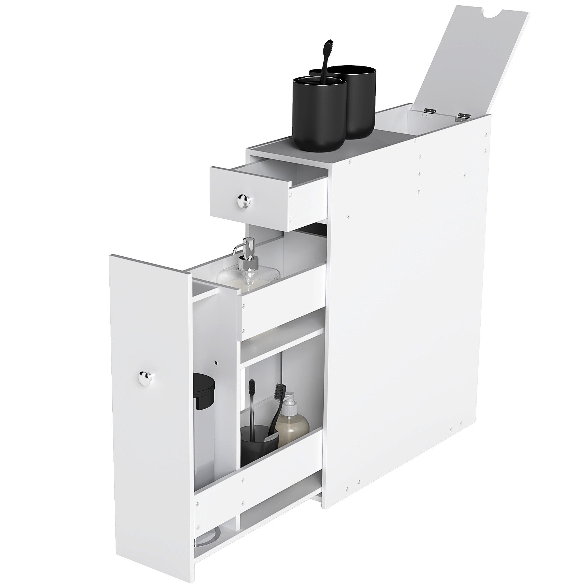 Narrow Bathroom Floor Organizer Cabinet with Drawers White