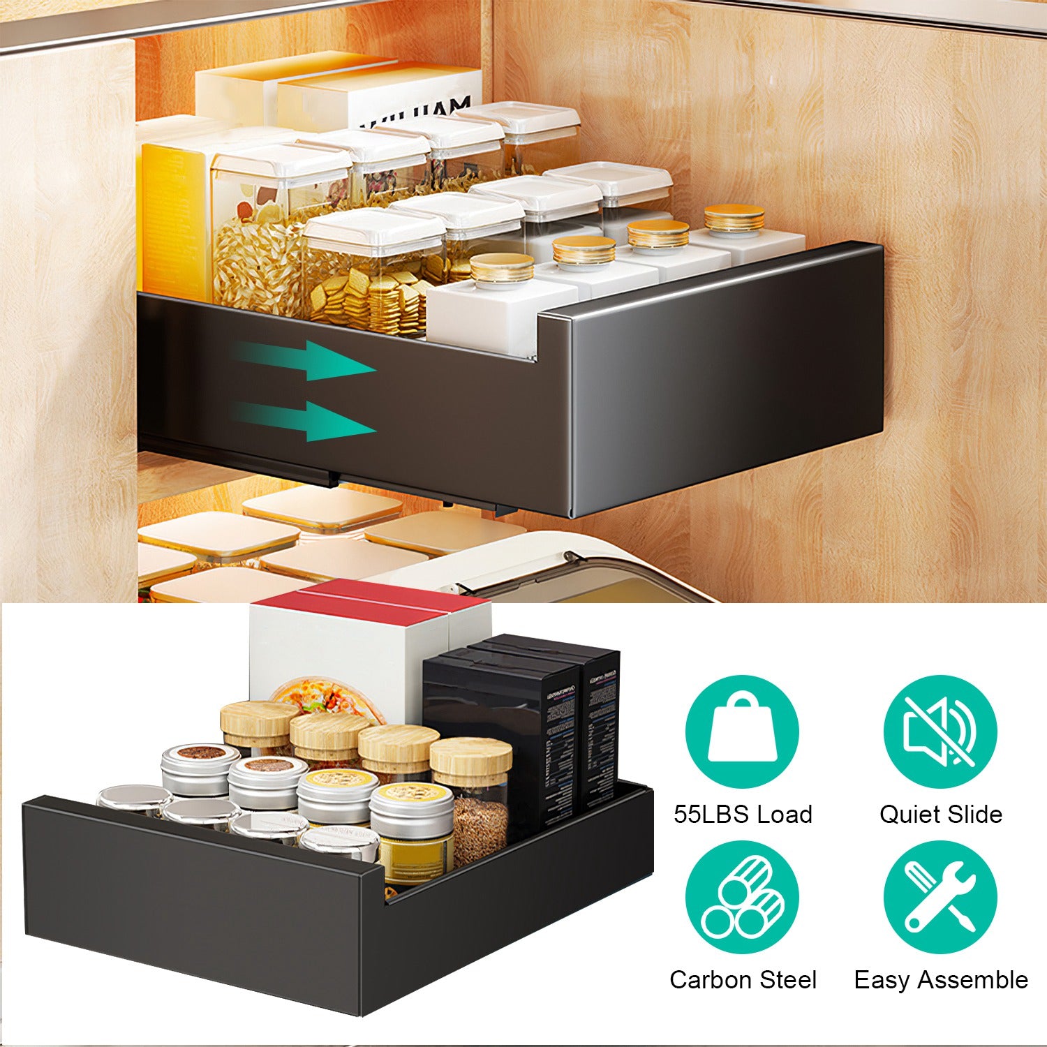 Pull Out Cabinet Organizer Carbon Steel Slide Drawer Rack