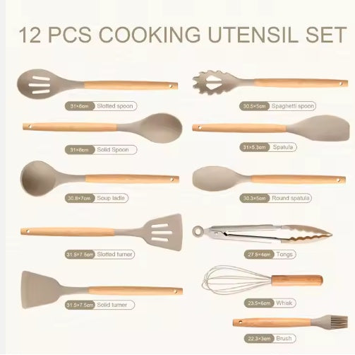 12PCS Non-Stick Silicone Kitchen Utensils Set with Wooden Handles