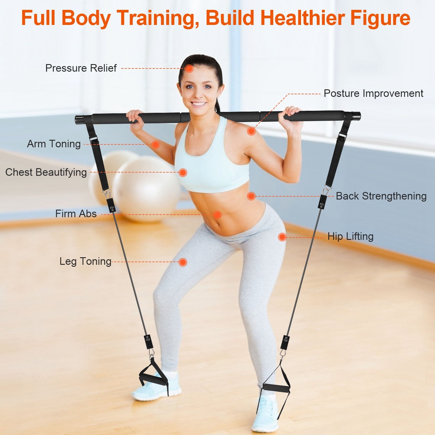 Pilates Bar Kit with Resistance Bands for Full Body Workout Set