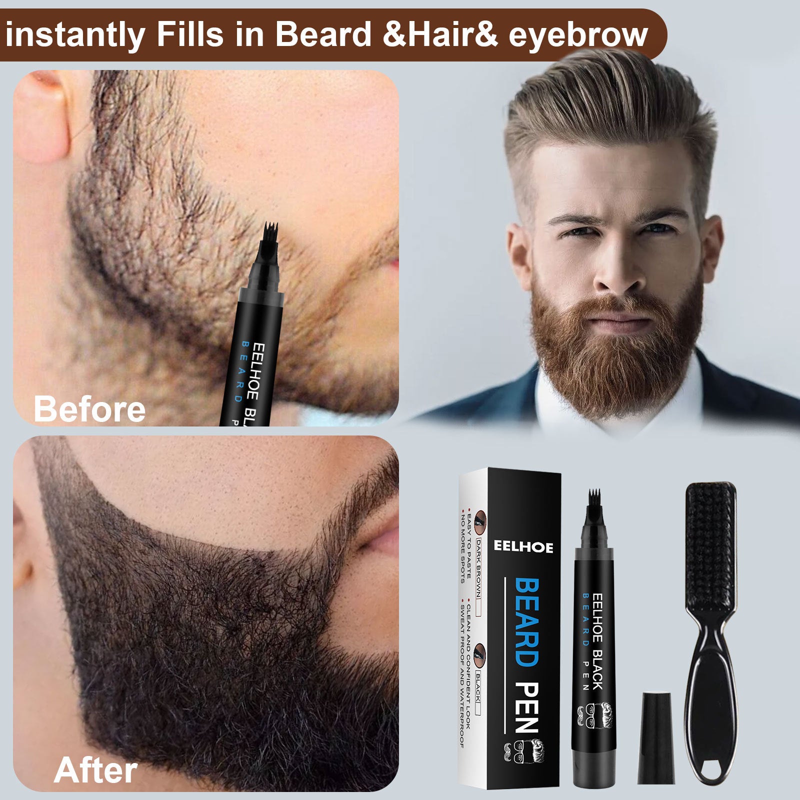 Waterproof Beard Filler Pen with Brush for Natural Beard Touch Up